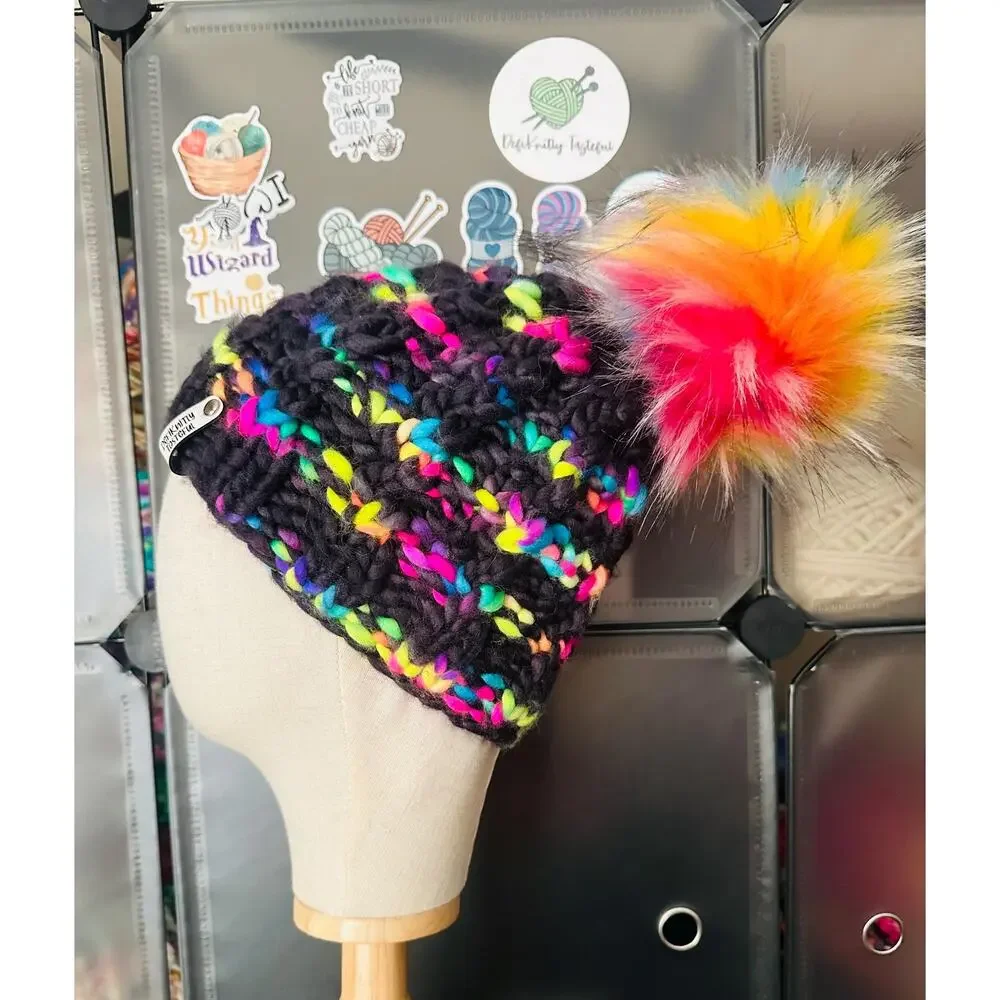 Hand Knit Merino Wool Beanie: Twist Knit Hat with Faux Fur Pom